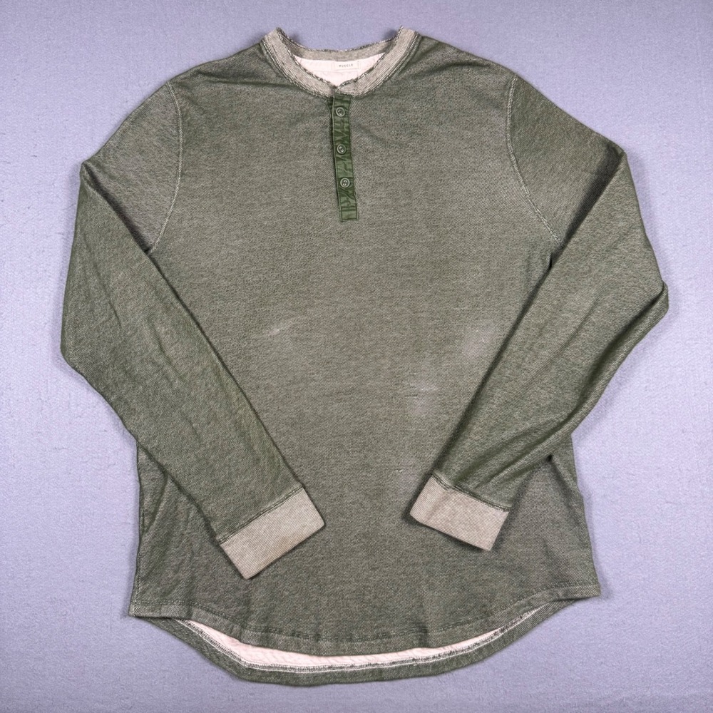 Abercrombie & Fitch Mens XXL Green Muscle Fit Long Sleeve Henley Shirt Cotton